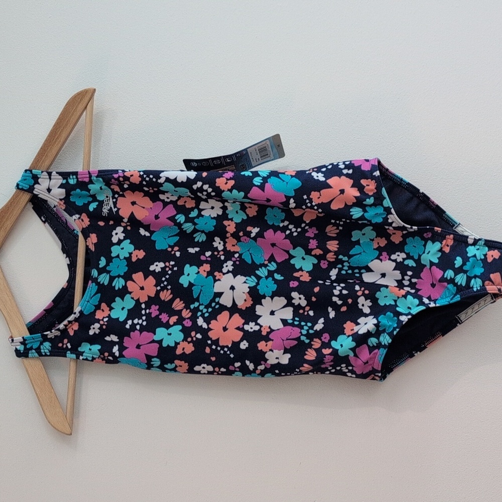 Speedo Navy Floral One Piece Racer Back Full Bottom Swimsuit Size 14. NWT - Picture 3 of 7